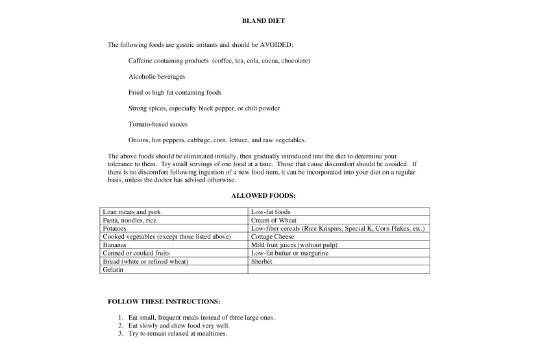 Bland Diet Food List PDF