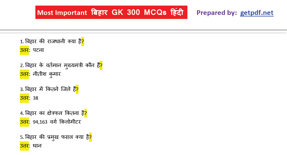 Bihar GK in Hindi PDF